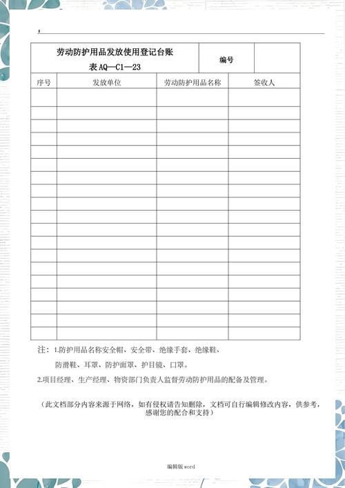 劳动防护用品发放使用登记台账